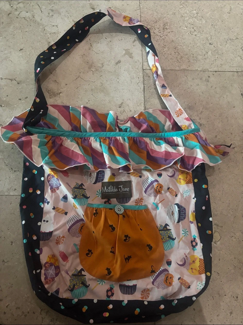 Matilda Jane Multicolor Cupcake Ruffle Tote with Mustard Front Pocket